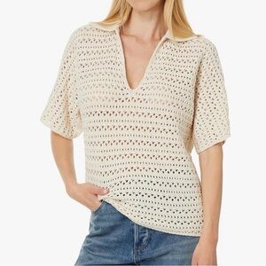 Faherty Nusa Crochet Polo Sweater Knit Pull over Deep V-Neck Short sleeve~XS~